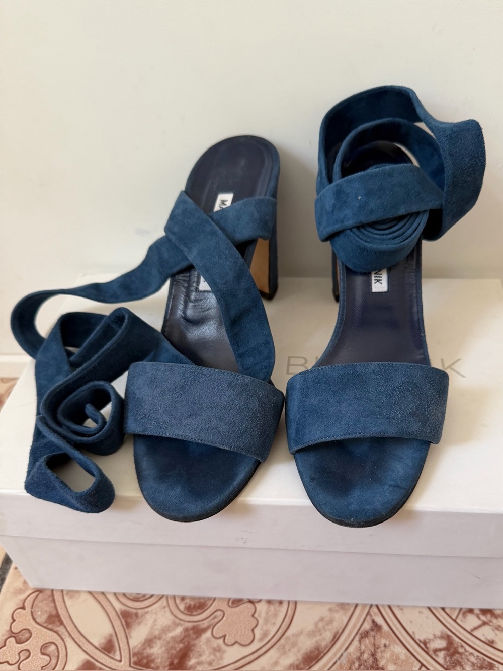 Manolo Blahnik Navy Suede Wrap-Heel Sandals